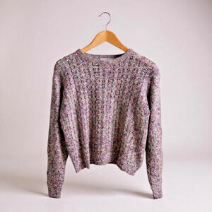 VTG Y2K Collage Sweater Sz L Silk Angora Linen Cable Knit Grey Pink Chunky Knit